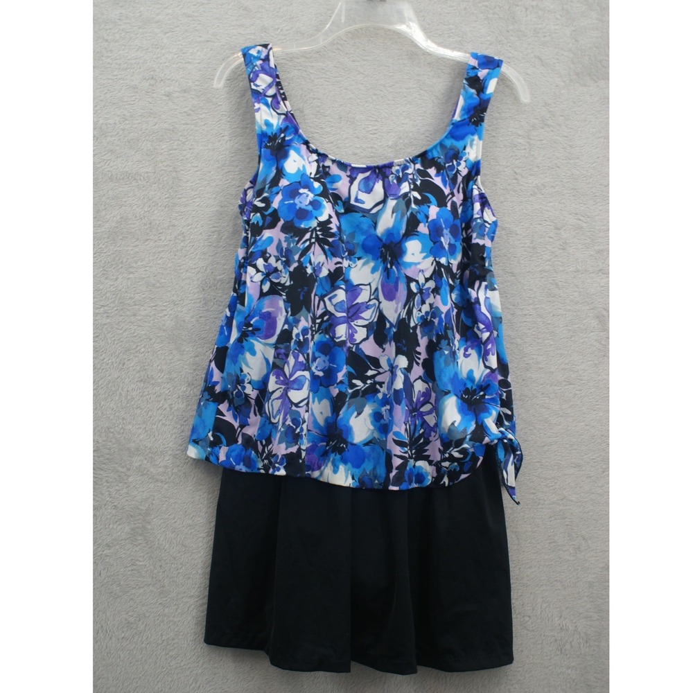 Le Cove Women 16W Floral Swimdress Blue Purple Black One Piece Swimsuit Side Tie
